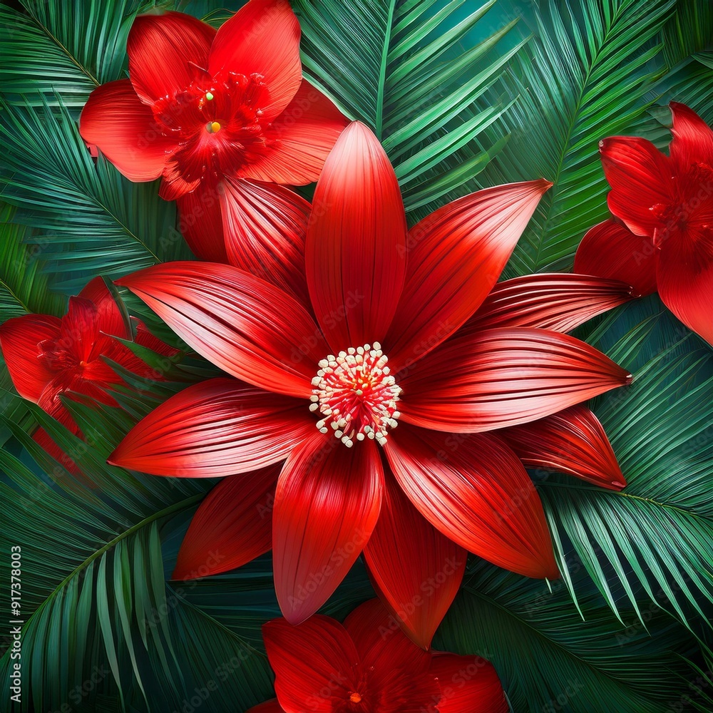 A vibrant floral background with red flowers and palm leaves A vibrant floral background with red flowers and palm leaves
