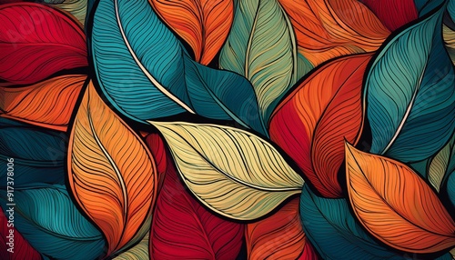 Wallpaper Mural A vibrant, abstract pattern featuring overlapping leaves in various colors, including red, blue, green, yellow, and orange. The leaves are outlined in black and have a striped and textured design Torontodigital.ca