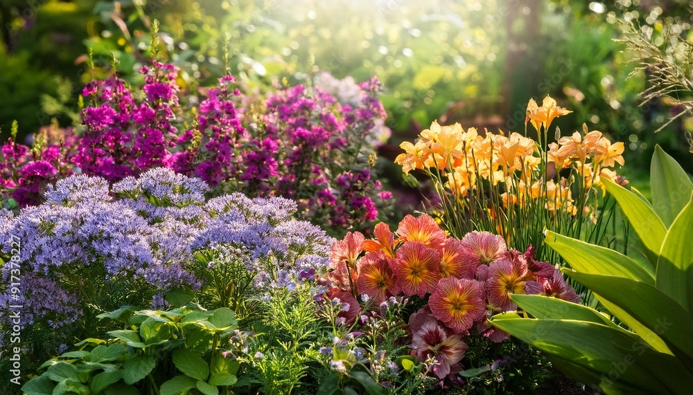 Obraz premium A close-up of various blooming flowers and plants in a lush garden setting
