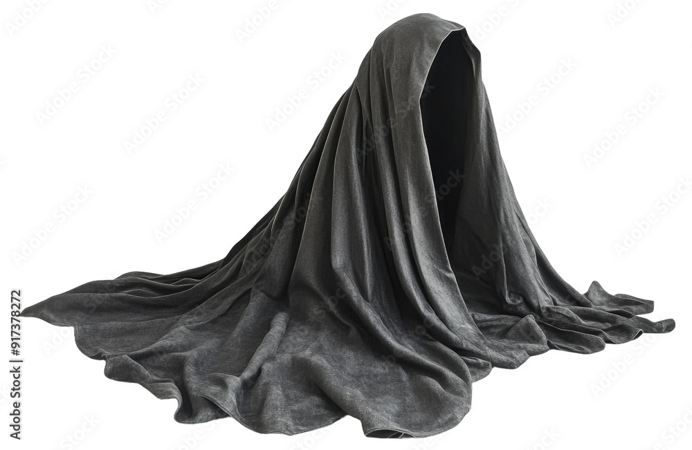 Black draped figure resembling a ghost, seen in a minimalist setting, cut out - stock png. Black draped figure resembling a ghost, seen in a minimalist setting, cut out - stock png.