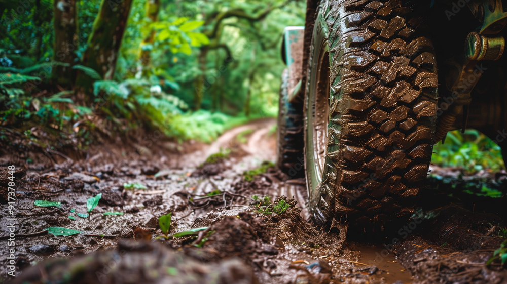 Obraz premium A detailed shot of a muddy off-road vehicle tire navigating a dirt trail in a lush forest