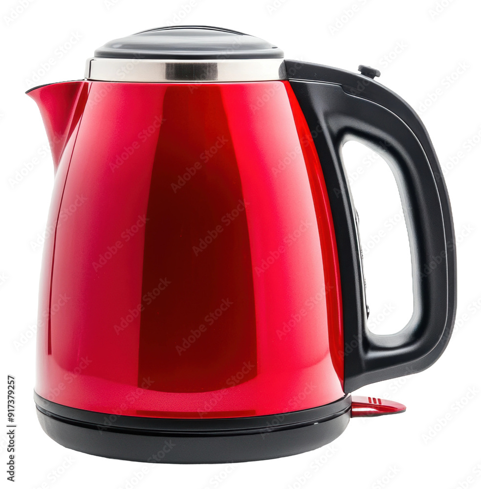 A bright red electric kettle with a sleek design sits on a kitchen countertop, ready to boil water for tea or coffee, cut out - stock png. A bright red electric kettle with a sleek design sits on a kitchen countertop, ready to boil water for tea or coffee, cut out - stock png.