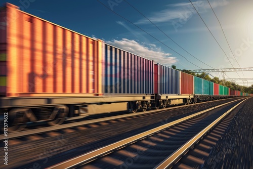 A colorful freight train speeding on railway tracks during a bright day, symbolizing industrial progress and logistics.