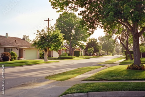 A sunny day on a quiet residential street with well-maintained homes, manicured lawns, and tall trees creating a serene neighborhood atmosphere. photo