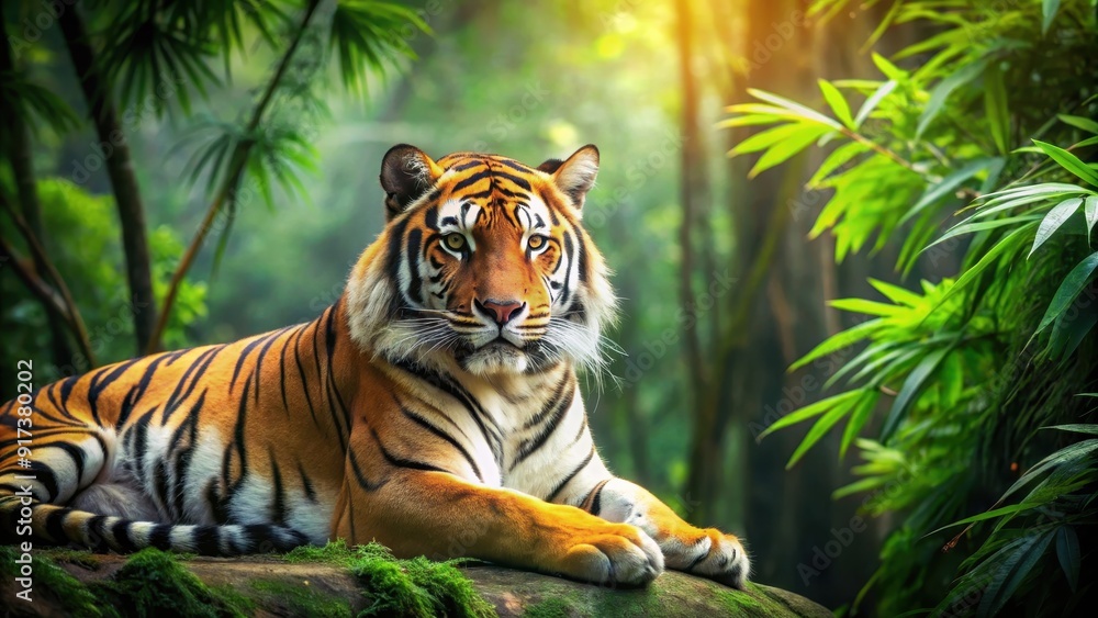 Obraz premium Majestic tiger resting in the green jungle, tiger, wild, animal, jungle, nature, predator, stripes, wildlife, feline, majestic