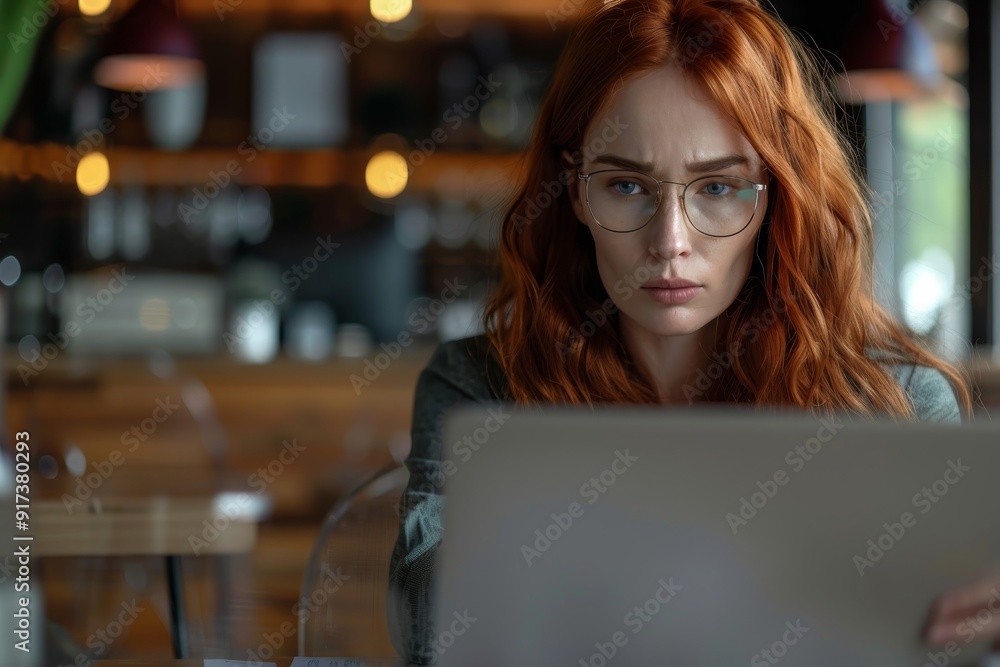 A red-haired woman with glasses focuses intently on her laptop in an ambient, warmly-lit café. A red-haired woman with glasses focuses intently on her laptop in an ambient, warmly-lit café.