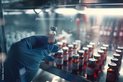 Wallpaper Mural A gloved hand holding a vial in front of a fridge filled with rows of identical vials, representing a high-tech laboratory environment. Torontodigital.ca