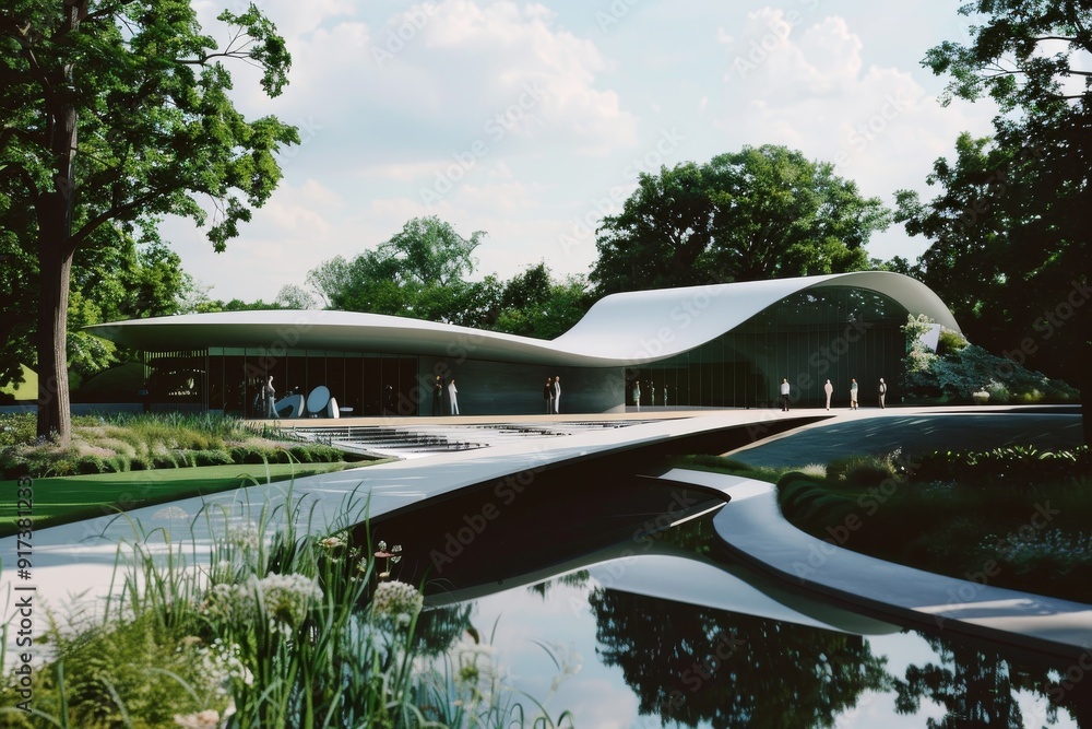 A futuristic, architecturally advanced building with wavy rooflines is nestled amidst lush greenery beside a reflective pond, embodying serene modernity. A futuristic, architecturally advanced building with wavy rooflines is nestled amidst lush greenery beside a reflective pond, embodying serene modernity.