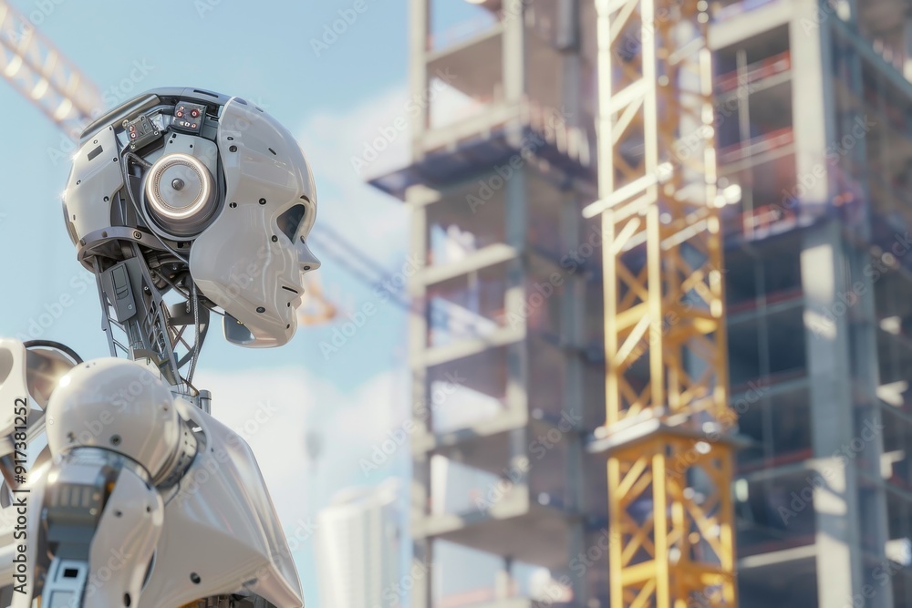 A detailed robot head gazes towards a construction site, representing the integration of robotics in modern construction projects. A detailed robot head gazes towards a construction site, representing the integration of robotics in modern construction projects.