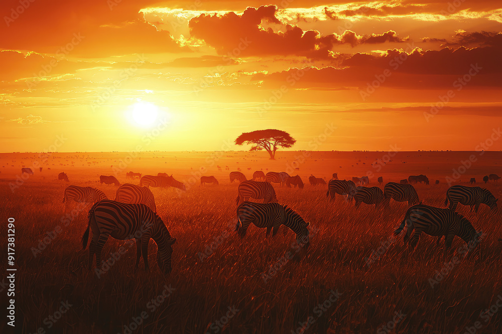 An awe-inspiring sunset over the Serengeti plains with zebras grazing peacefully under the golden sky, showcasing nature's breathtaking beauty. An awe-inspiring sunset over the Serengeti plains with zebras grazing peacefully under the golden sky, showcasing nature's breathtaking beauty.