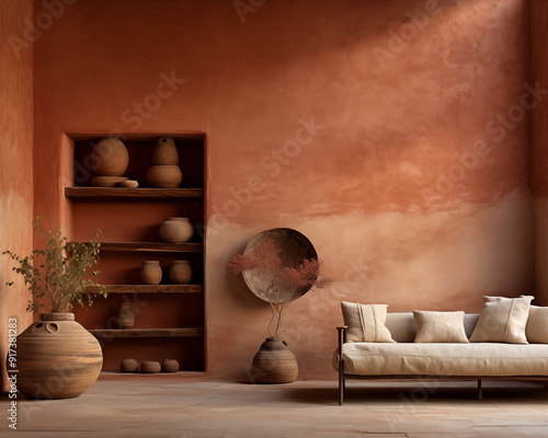 Wabi sabi rustic living room interior in sand and terracotta with wood accents photo