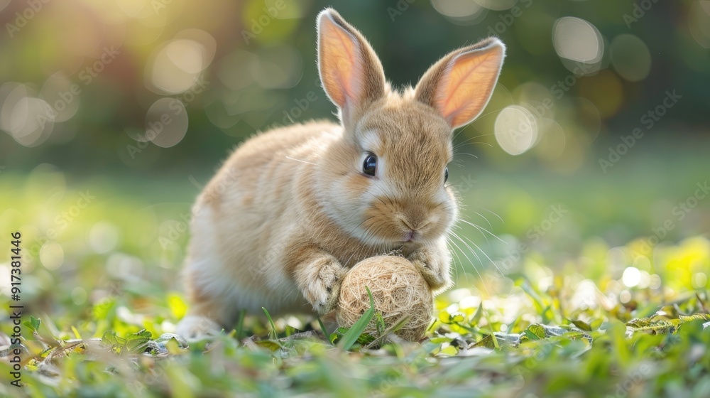 A cute brown bunny rabbit sits in a grassy field, holding a small ball in its paws. The sun shines brightly in the background. A cute brown bunny rabbit sits in a grassy field, holding a small ball in its paws. The sun shines brightly in the background.