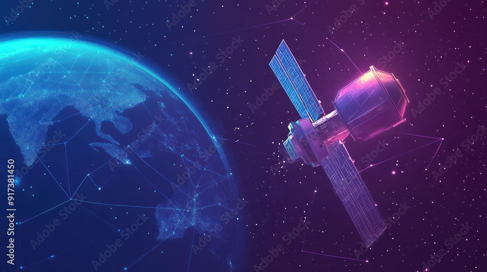 Obraz premium Satellite Orbiting Earth with Connected Network Lines