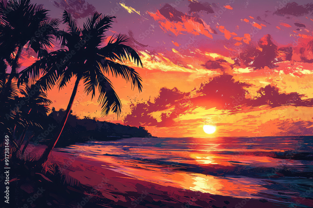 Obraz premium Witness the captivating beauty of a fiery orange and purple sunset over a tropical beach, with silhouetted palm trees creating a serene paradise.