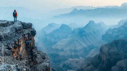 Adventurer overlooking a misty canyon at dawn in a rugged mountain landscape