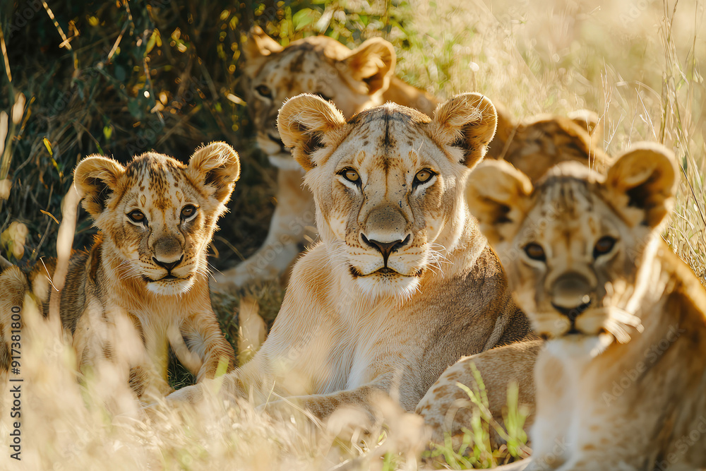 Fototapeta premium Up close and personal with a peaceful pride of lions resting together in the golden savannah during a warm, serene afternoon in the wild.