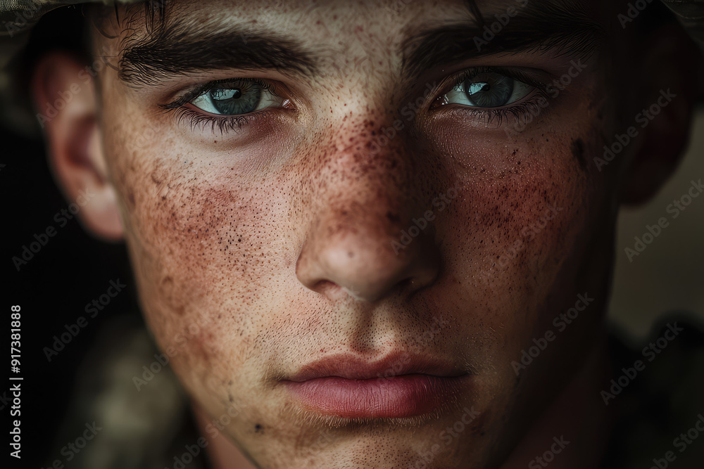 Obraz premium In this close-up portrait of a young soldier, intense blue eyes and freckles convey determination, resilience, and vulnerability in a powerful moment.