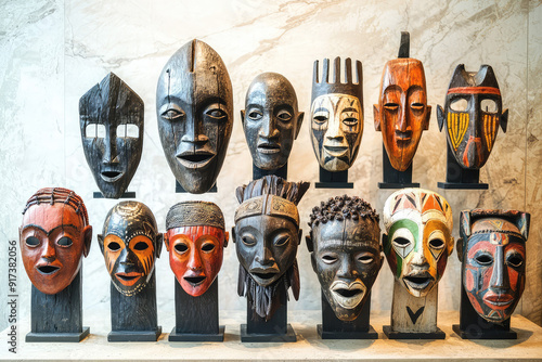 A Diverse Collection of African Masks Showcasing Rich Cultural Heritage and Intricate Designs in a Vibrant Display photo