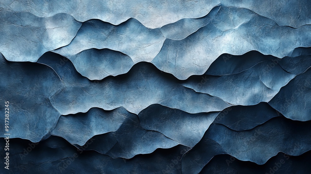 The image is a blue and white abstract painting of a mountain range The image is a blue and white abstract painting of a mountain range