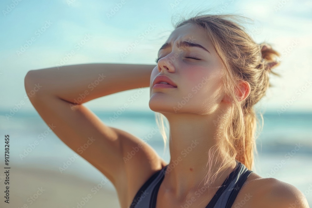 Health, neck pain and women near the shoreline with injuries, muscle tension and accidents during exercise Health, neck pain and women near the shoreline with injuries, muscle tension and accidents during exercise