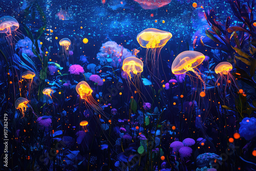 Enchanting deep-sea scene with radiant jellyfish and anglerfish illuminating the aquatic depths, creating a mesmerizing dance of light and wonder. photo