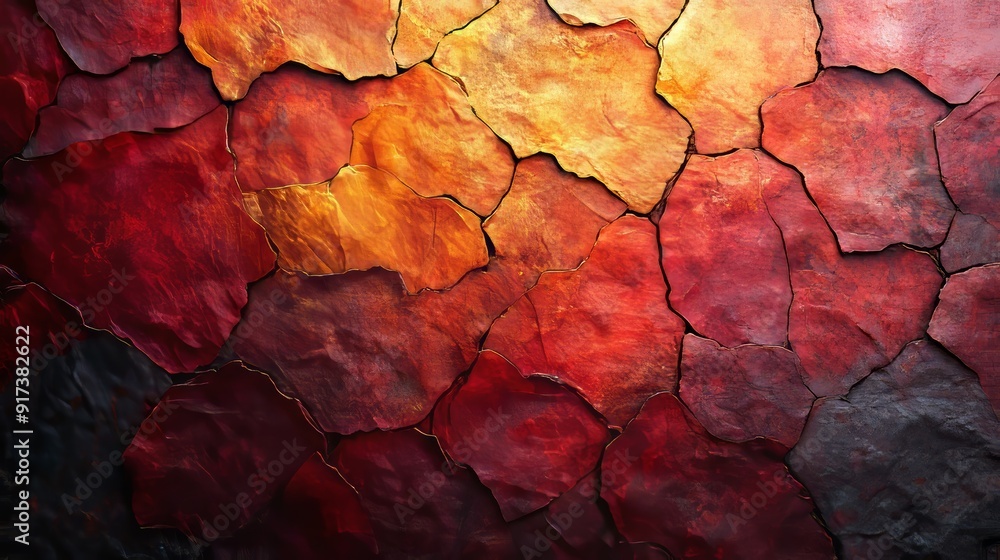 A painting of a rock wall with red and orange colors A painting of a rock wall with red and orange colors