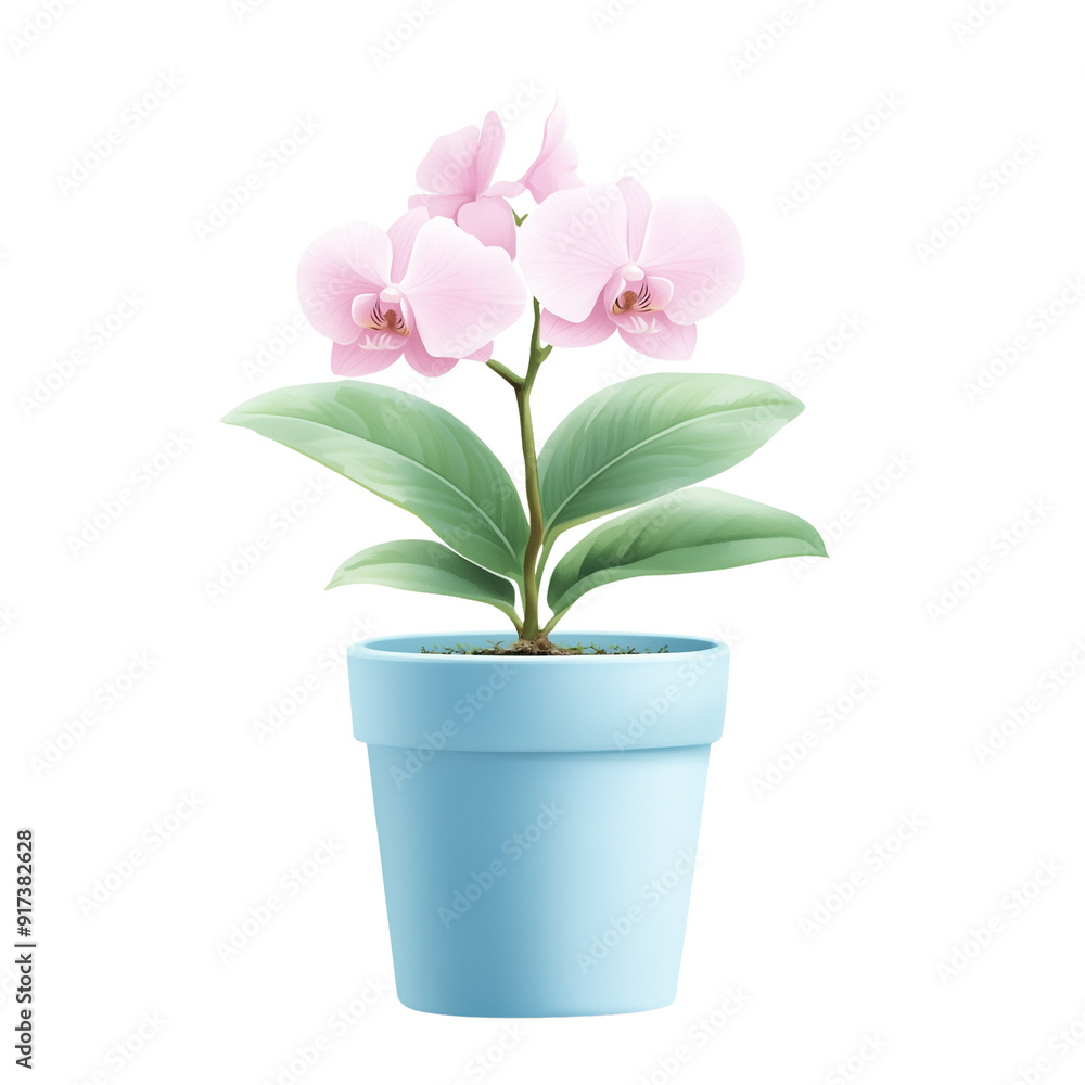 A delicate illustration of a pink orchid blooming in a blue pot, isolated on a transparent background. The transparency makes it easy to incorporate into various design projects A delicate illustration of a pink orchid blooming in a blue pot, isolated on a transparent background. The transparency makes it easy to incorporate into various design projects