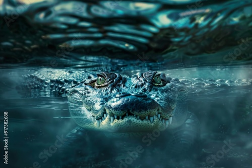 Wallpaper Mural An intimidating crocodile emerges from the water, its eyes piercing through the surface, capturing the raw predator instinct. Torontodigital.ca