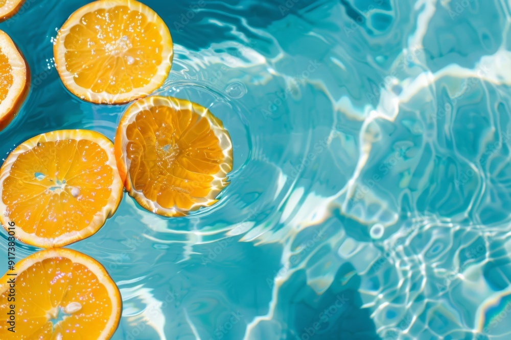 Fresh orange slices floating in a shimmering blue pool, creating a vibrant, summery contrast between the citrus brightness and the water. Fresh orange slices floating in a shimmering blue pool, creating a vibrant, summery contrast between the citrus brightness and the water.