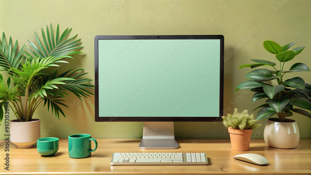 Desktop with empty monitor, keyboard, indoor plants and cups of tea, blank for presentation Desktop with empty monitor, keyboard, indoor plants and cups of tea, blank for presentation