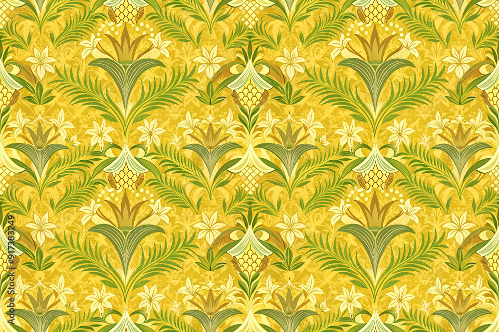 Seamless pattern of lilies and leaves on a golden background Seamless pattern of lilies and leaves on a golden background
