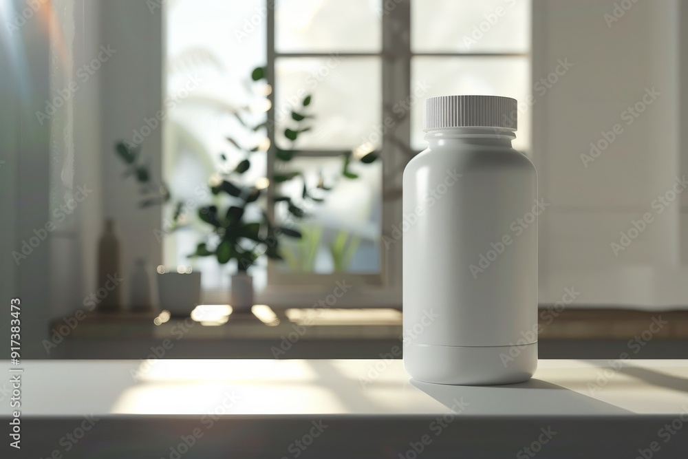 A white bottle in a minimalist kitchen setting, with sunlight filtering through a window, accentuating a calm and clean atmosphere. A white bottle in a minimalist kitchen setting, with sunlight filtering through a window, accentuating a calm and clean atmosphere.