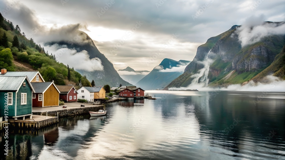 Fototapeta premium Beautiful scenery of buildings near the lake shrouded in a mysterious fog surrounded by fjords