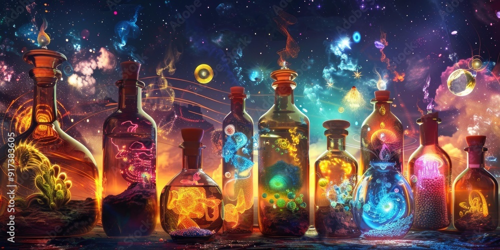 Glass bottles filled with cosmic wonders. Glass bottles filled with cosmic wonders.