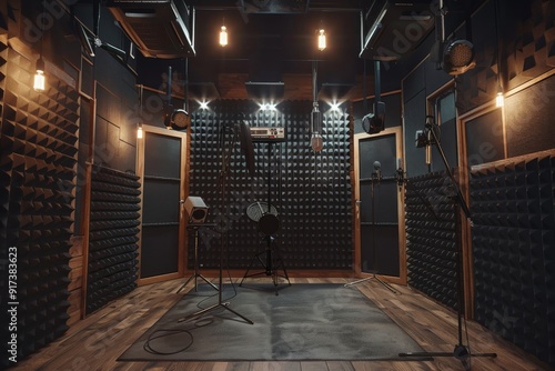 An acoustically treated recording studio equipped with professional microphones, lighting, and sound-absorbing panels, ready for an audio production session. photo