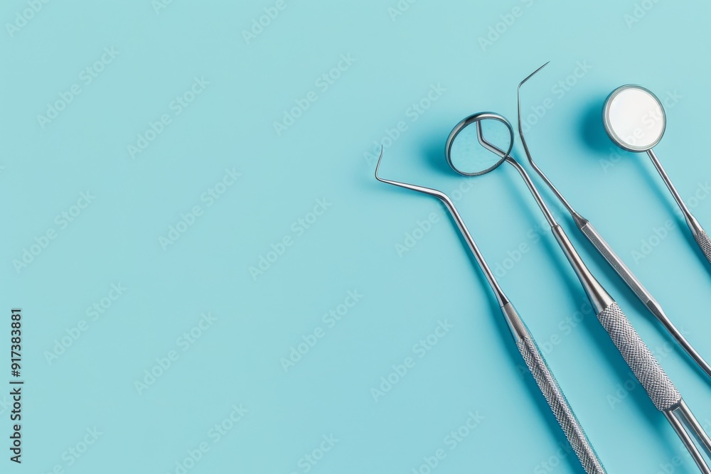 A set of stainless steel dental tools including a mirror, scaler, and probe laid neatly on a clean blue background, ready for dental care. A set of stainless steel dental tools including a mirror, scaler, and probe laid neatly on a clean blue background, ready for dental care.
