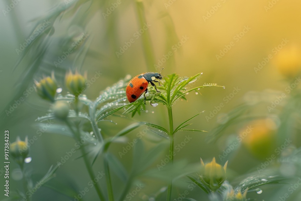 Obraz premium Close-up of a ladybug on a dewy leaf in a natural setting. Beautiful simple AI generated image in 4K, unique.