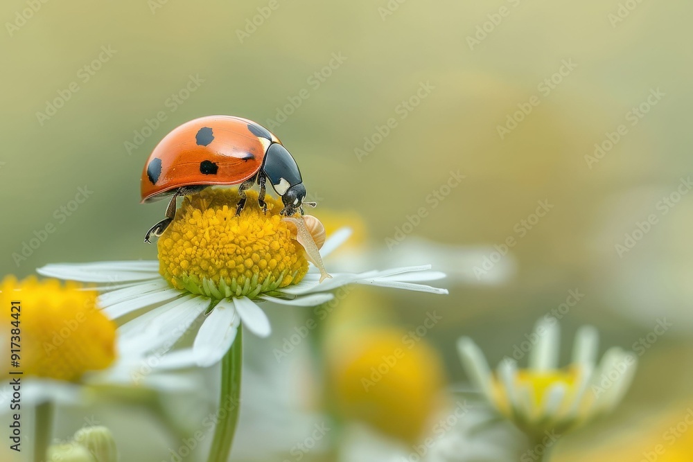 Fototapeta premium Close-up of a ladybug showing its bright colors and intricate patterns. Beautiful simple AI generated image in 4K, unique.