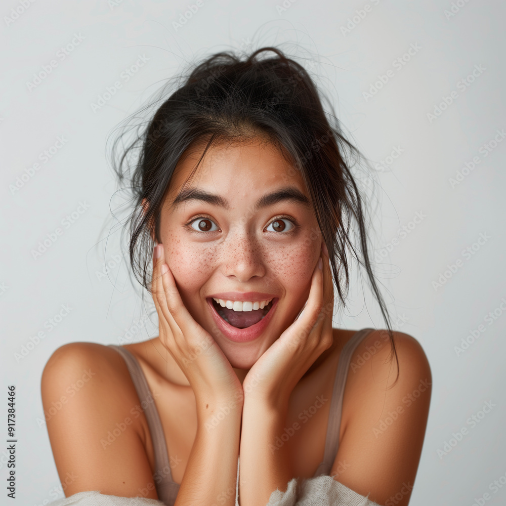 asian woman with her hands on her cheeks, eyes wide and mouth open in genuine surprise. white background. with space for text, copy, caption asian woman with her hands on her cheeks, eyes wide and mouth open in genuine surprise. white background. with space for text, copy, caption
