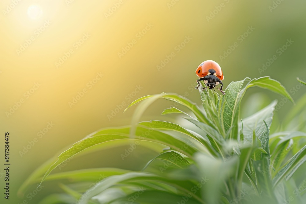 Fototapeta premium Extreme close-up of a ladybug crawling on a moss-covered rock.. Beautiful simple AI generated image in 4K, unique.
