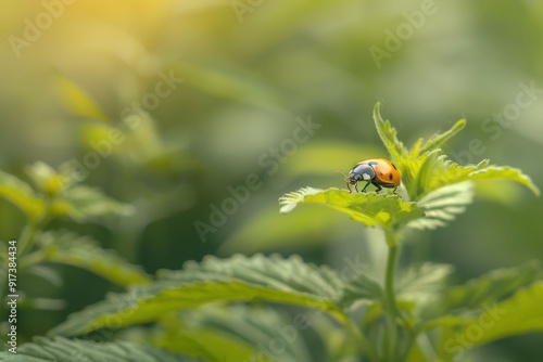 Sunset scene, red ladybug photo, macro ladybug photo close-up of ladybugs crawling back and forth. Beautiful simple AI generated image in 4K, unique.