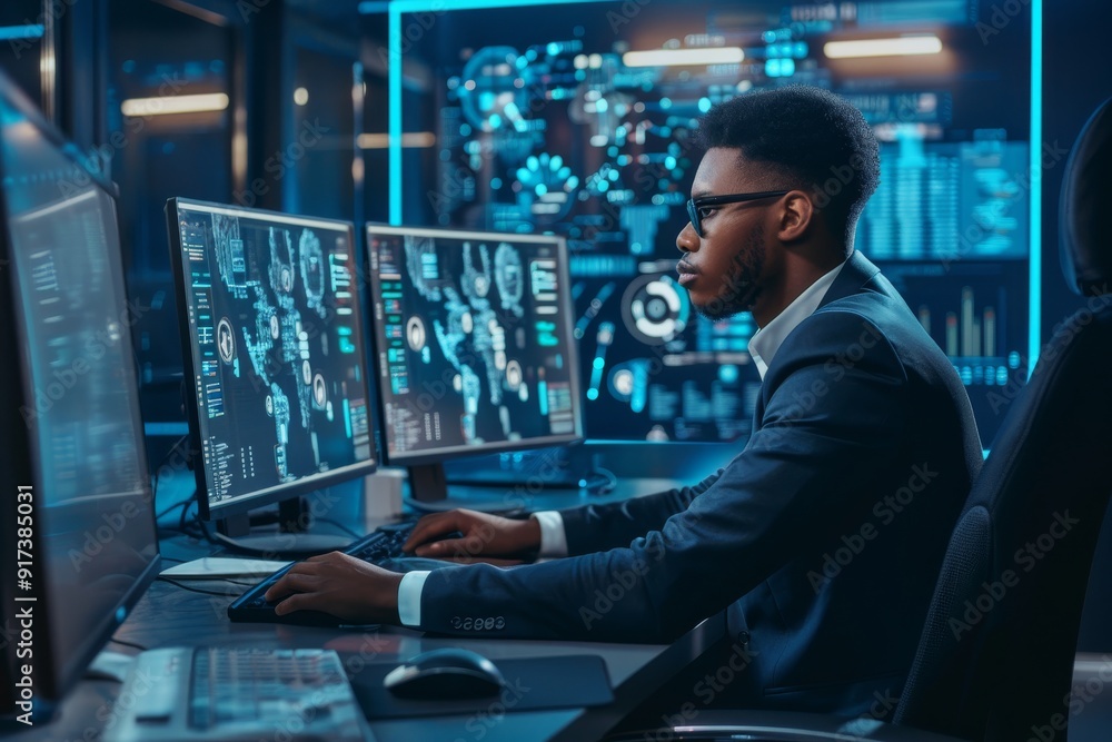 A professional man in a suit and glasses works on multiple screens in a high-tech office space, surrounded by data and analytics displays, emphasizing modern technology. A professional man in a suit and glasses works on multiple screens in a high-tech office space, surrounded by data and analytics displays, emphasizing modern technology.