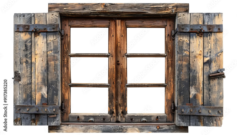 A rustic wooden window with detailed shutters, showcasing natural textures and charming weathered appeal. A rustic wooden window with detailed shutters, showcasing natural textures and charming weathered appeal.