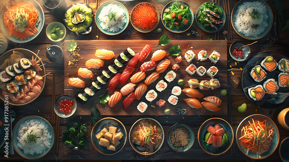 Japanese restaurant dinner table spread in top-down view, array of beautifully plated sushi, sashimi, tempura, surrounded, fresh salads, traditional Japanese food Japanese restaurant dinner table spread in top-down view, array of beautifully plated sushi, sashimi, tempura, surrounded, fresh salads, traditional Japanese food