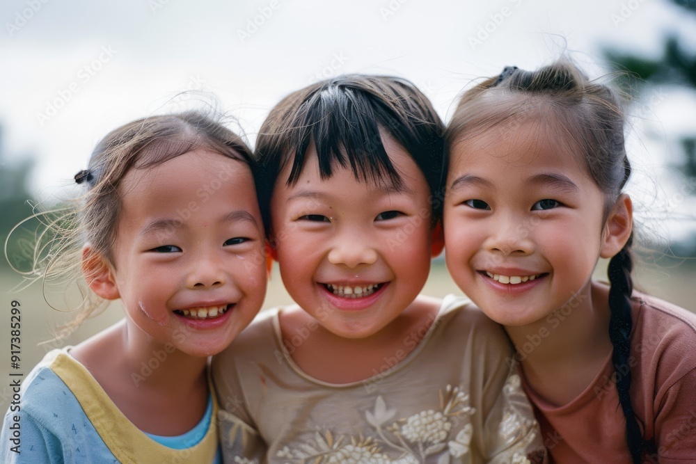 Three joyful children with wide smiles, embracing each other outdoors, radiate warmth and friendship under the clear sky. Three joyful children with wide smiles, embracing each other outdoors, radiate warmth and friendship under the clear sky.