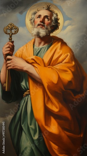Divine Authority: Saint Peter Grasping the Keys to Heaven, a Symbolic Representation of Spiritual Guardianship and Access to the Divine Realm