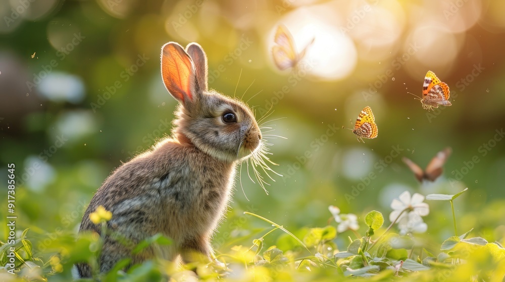 A cute bunny rabbit sits in a field of green grass and flowers, watching butterflies fly by in the warm sunlight. A cute bunny rabbit sits in a field of green grass and flowers, watching butterflies fly by in the warm sunlight.