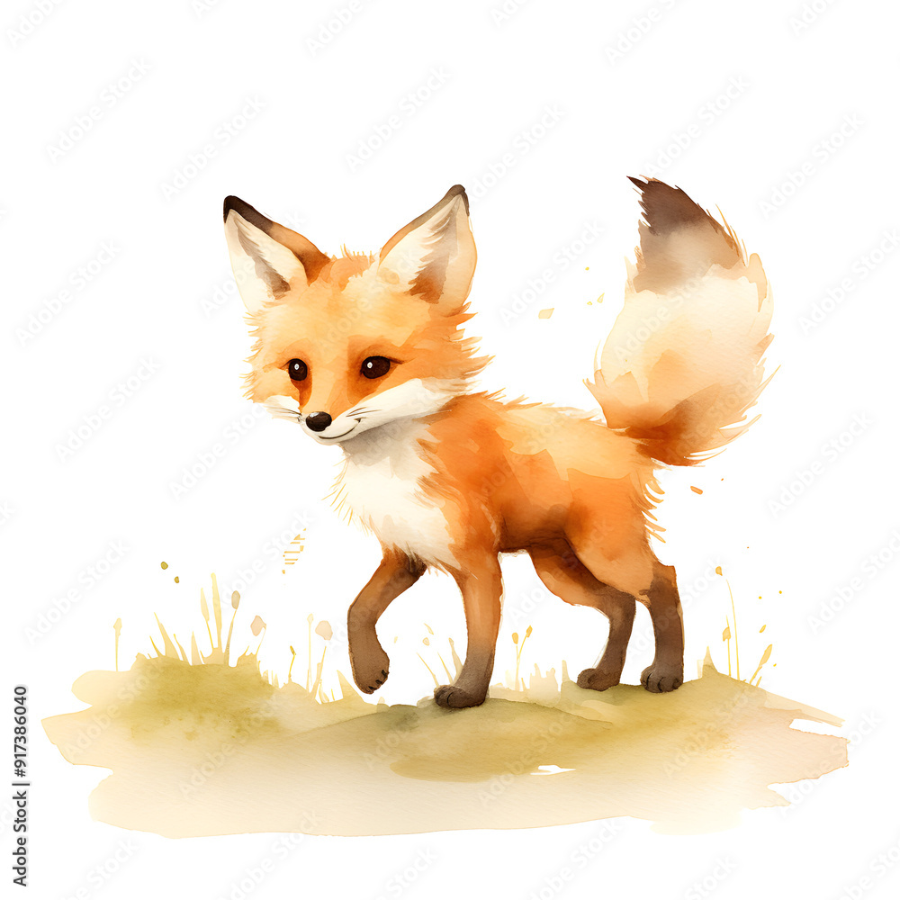 Obraz premium watercolor red fox cub illustration, side view clipart, nursery room decor