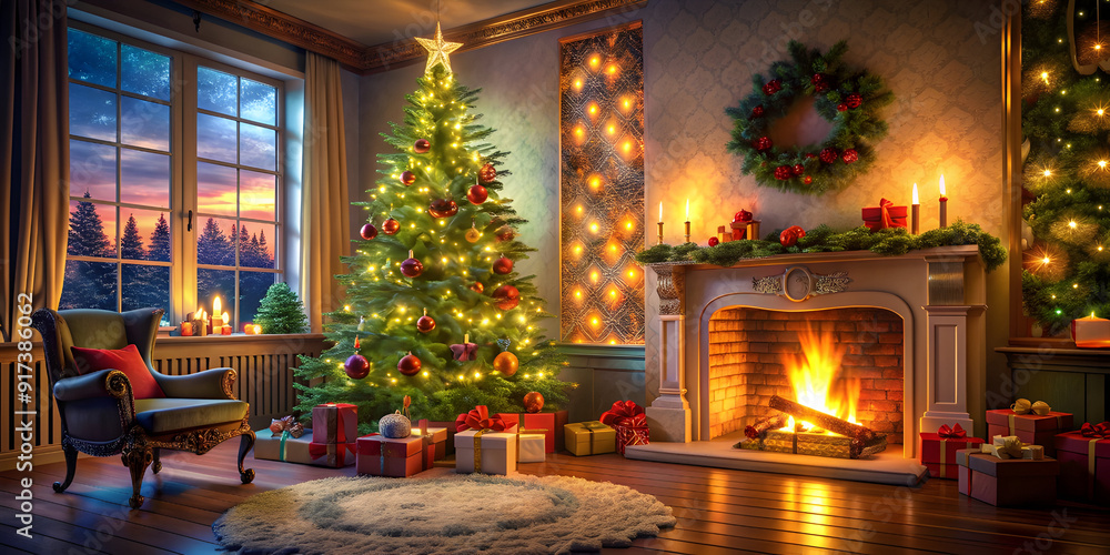 interior Christmas magic glowing tree fireplace interior Christmas magic glowing tree fireplace