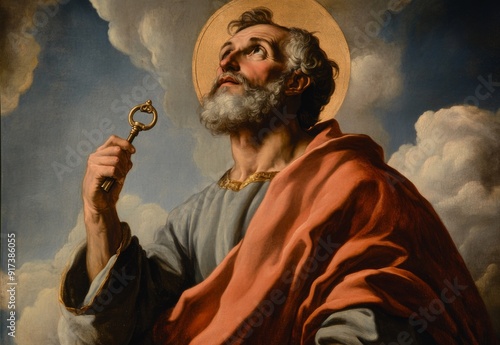 Divine Authority: Saint Peter Grasping the Keys to Heaven, a Symbolic Representation of Spiritual Guardianship and Access to the Divine Realm